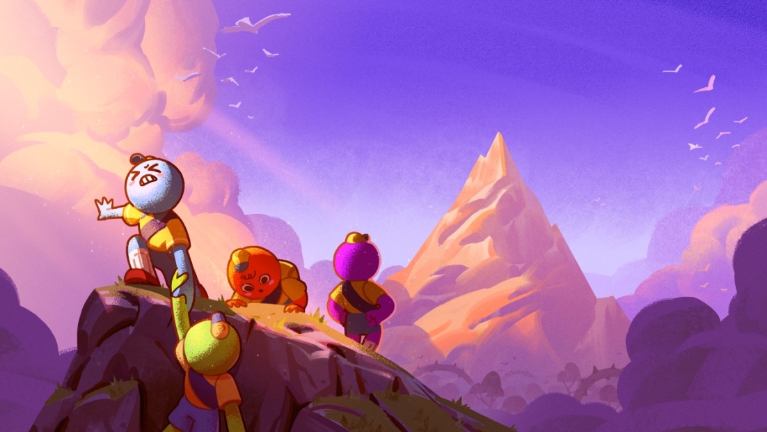 Vier Comicfiguren klettern auf einen felsigen Berggipfel, im Hintergrund ist ein hoher Berg zu sehen, aus dem Spiel PEAK.