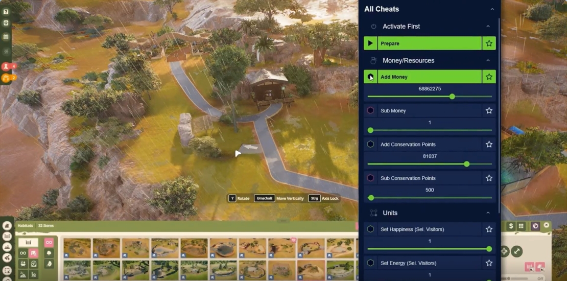 Planet Zoo 2 Mods: Bird's-eye view of a zoo with paths, trees, and enclosures alongside an open cheat menu showing options to add money and resources.