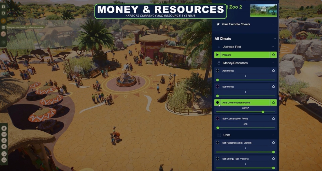 Bird's-eye view of a busy zoo plaza with a central fountain and a menu on the right showing settings for money, resources, and conservation points.