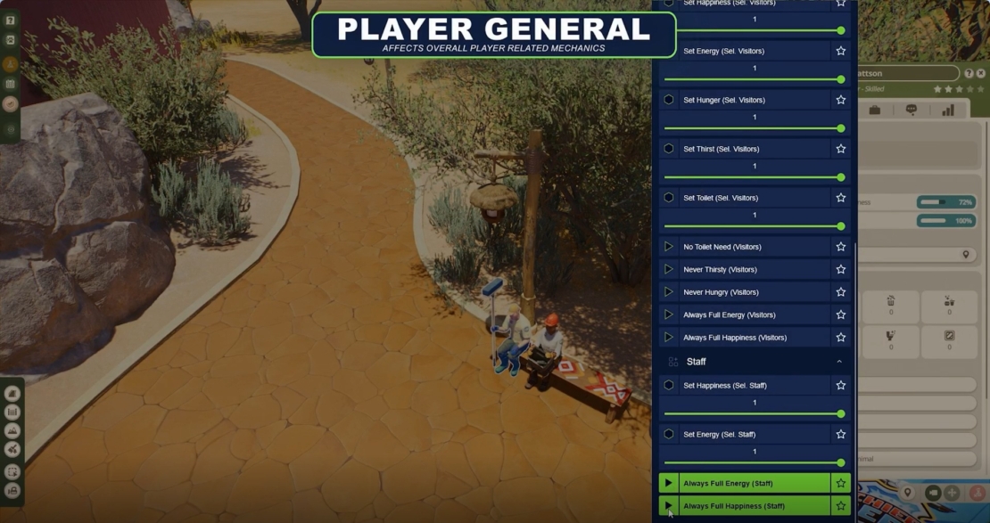 Game scene showing two seated characters on a path beside rocks and plants with an open menu displaying player and staff mechanics settings