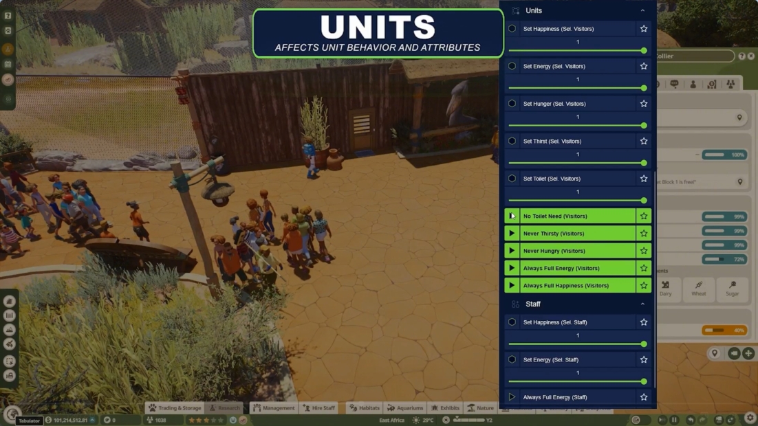 Game scene showing two seated characters on a path beside rocks and plants with an open menu displaying player and staff mechanics settings