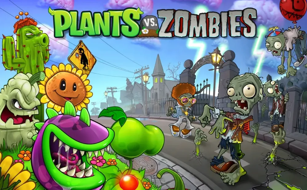 pc games for beginners: plants vs. zombies. Several plants with faces and zombies in a street setting with lampposts and a church tower in the background, with the text 'PLANTS vs. ZOMBIES' above