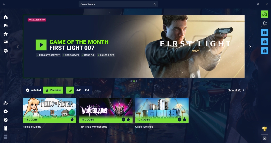 Homepage of a PC Cheat Tool featuring a highlighted banner for the game 'First Light 007' and a list of games with codes below.