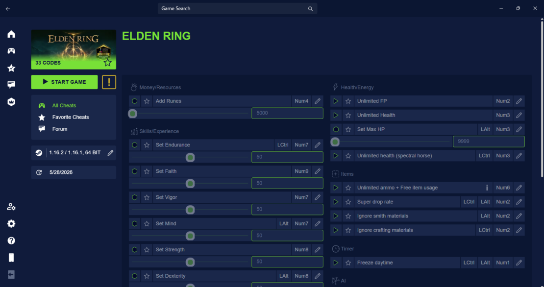 User interface of a cheat program for the game Elden Ring showing adjustable options for runes, health, stamina, and items.