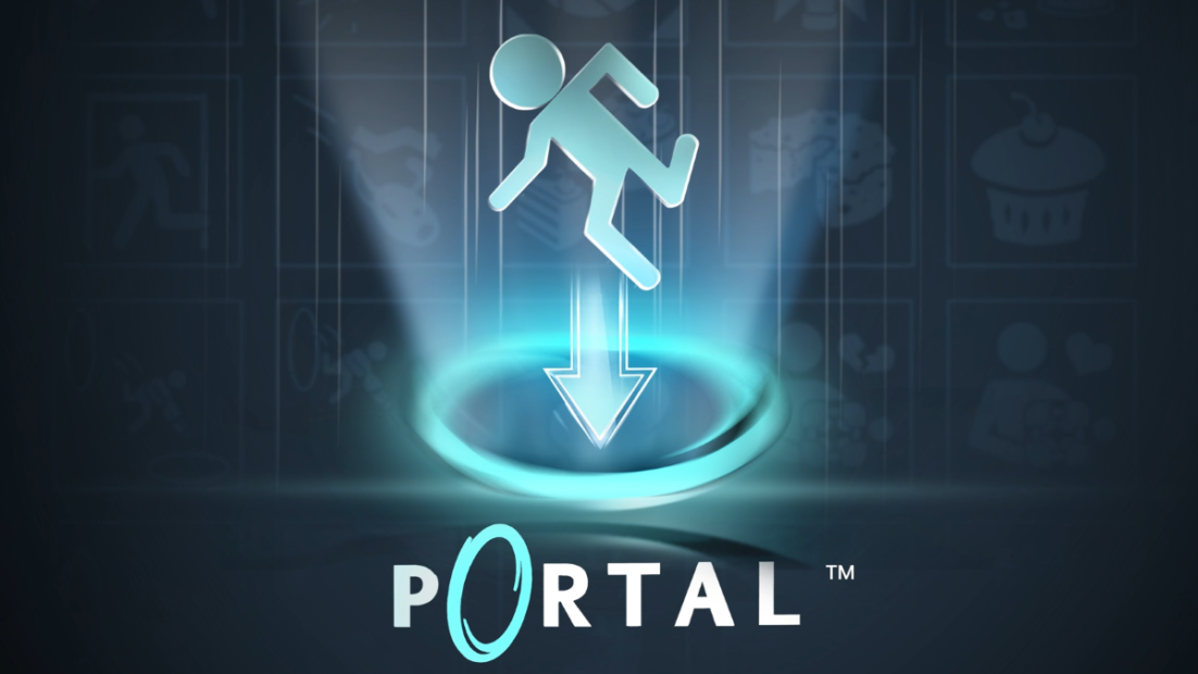 Glowing blue portal ring on dark background with stylized figure jumping into the ring and the word 'PORTAL' below