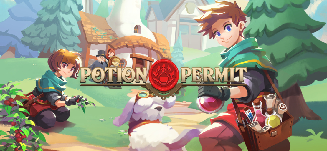 The best PC games for kids: Two characters in a fantasy village setting with a dog in the center and the text 'POTION PERMIT' with a red seal above