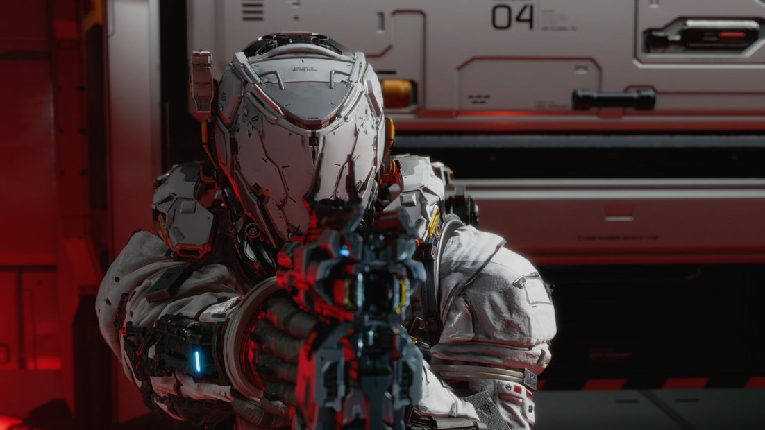 A futuristic soldier in white robotic armor aiming a weapon directly at the camera in a room with red lighting.