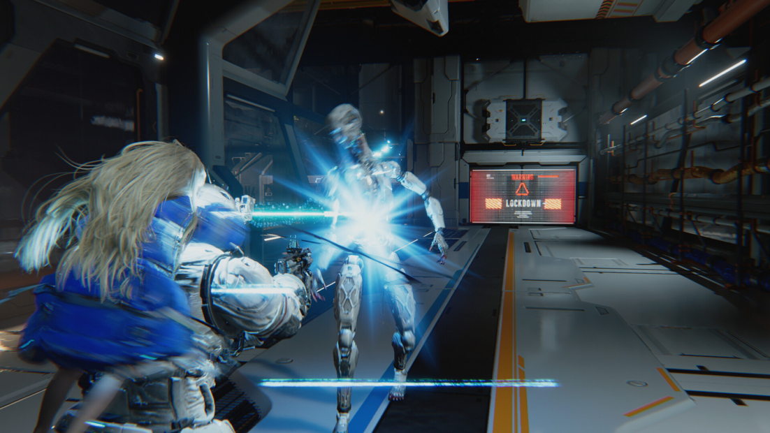 Fight between a person in futuristic armor with a blue cape and a humanoid robot in an industrial room with a screen displaying "LOCKDOWN"