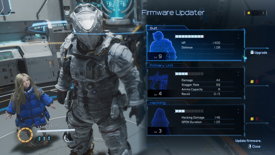 PRAGMATA Tips: Game character in futuristic armor with holographic firmware update menu and child in background