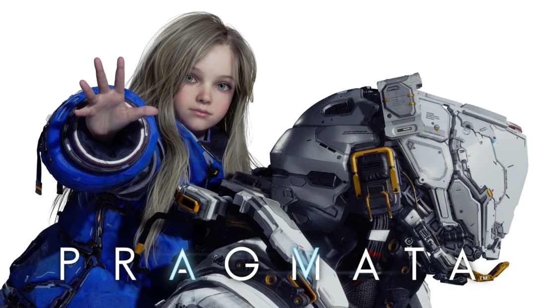 Young girl with long hair in futuristic blue suit reaching forward next to a large gray mechanical robot head