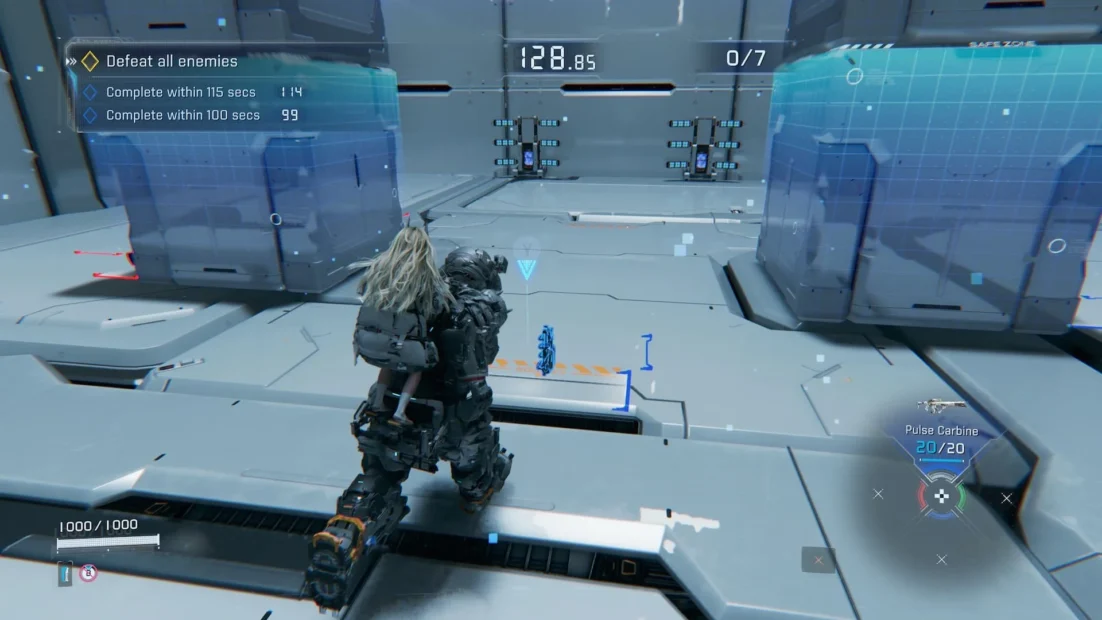 Third-person view of a game character in a futuristic gray simulation environment with mission objectives and time limits displayed in the HUD