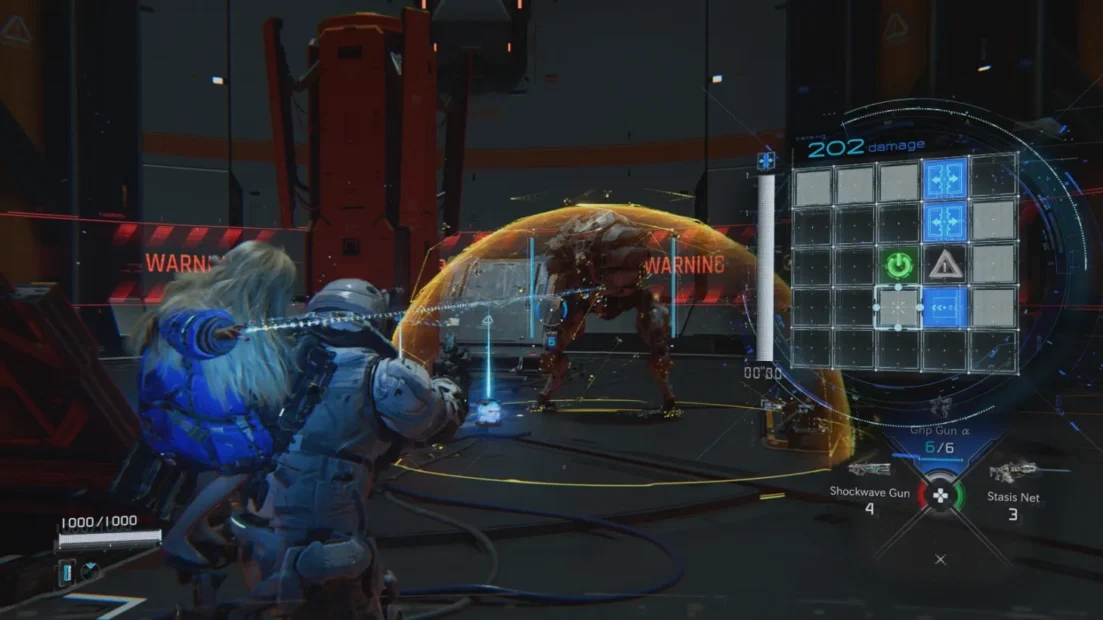 Video game scene showing a character in blue armor aiming a weapon at a crawling creature surrounded by an orange shield with a digital interface displaying game field data and warning messages.