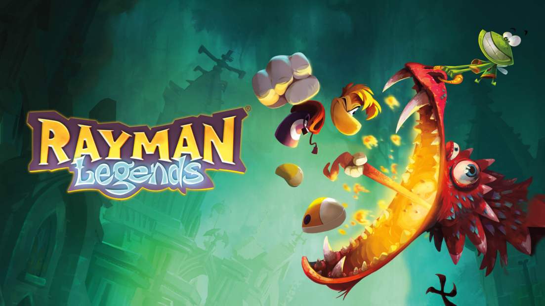 The text 'Rayman Legends' next to a drawn character with a large open mouth from which small figures are flying out, set against a dark, enchanted background.
