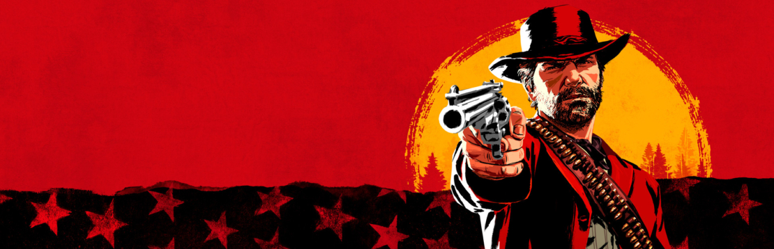 Man wearing cowboy hat and bandolier aiming a pistol against a red background with black star pattern and yellow circle