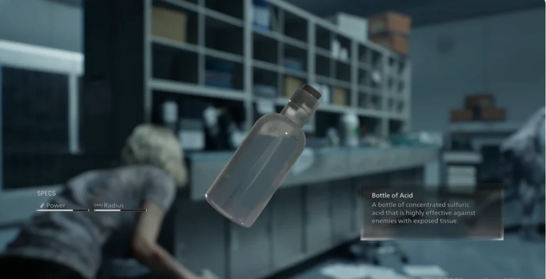 Floating glass bottle with liquid in a laboratory with shelves and a person in the background.