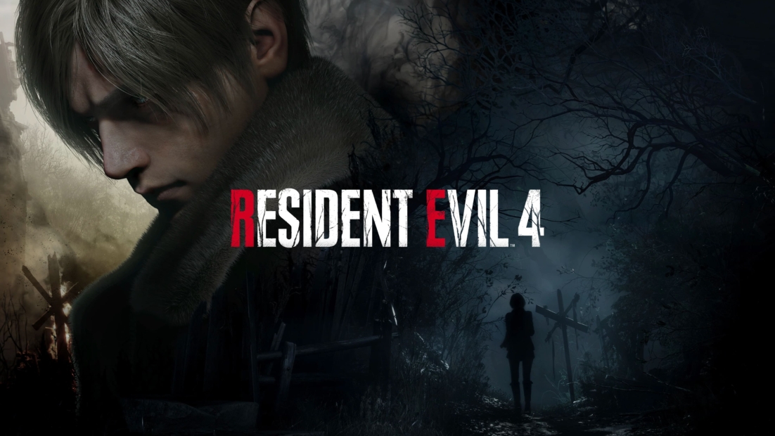Porträt eines Mannes mit kurzem Haar vor einem dunklen Wald mit einer stehenden Person und einem Kreuz im Hintergrund, darüber der Schriftzug 'RESIDENT EVIL 4' mit hervorgehobenen roten Buchstaben R und E