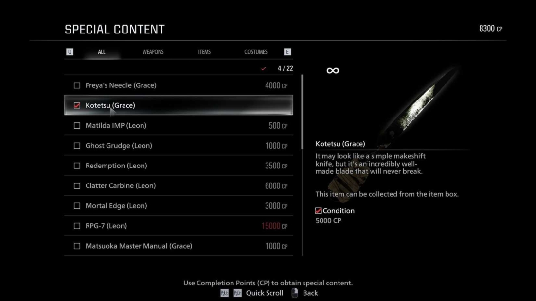 Screenshot of a game menu showing a list of weapons and a description of the selected weapon 'Kotetsu (Grace)'