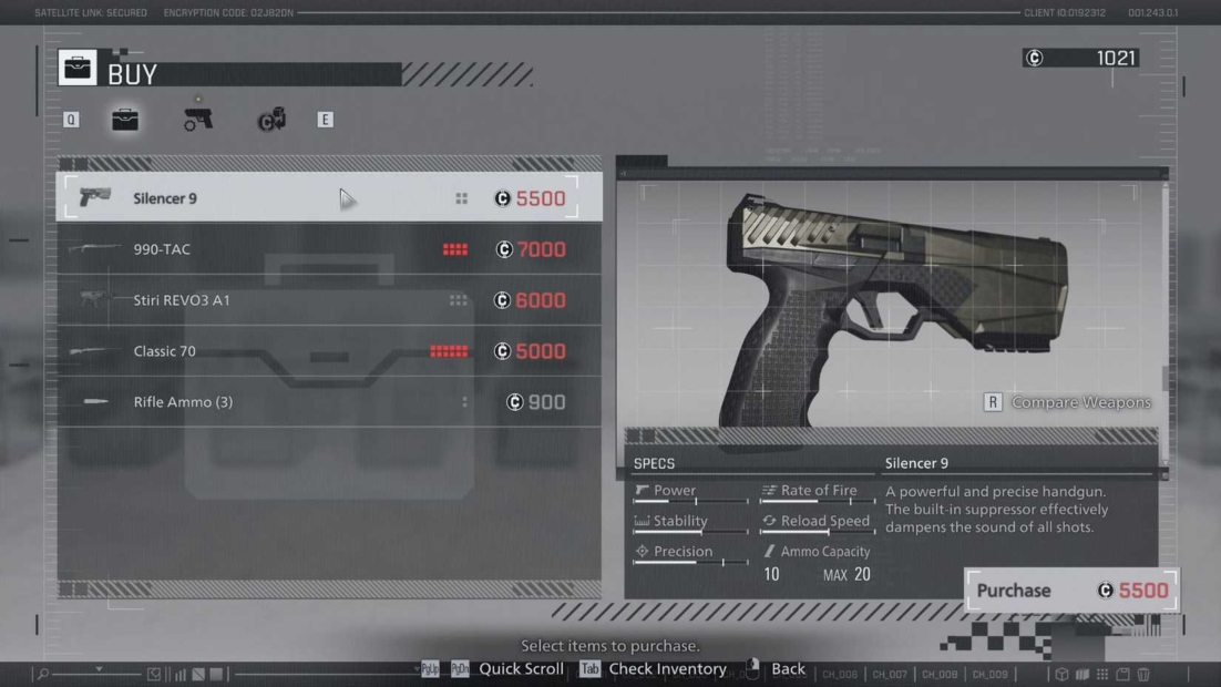 Game interface showing a selection of weapons and ammunition with the pistol "Silencer 9" highlighted including description and purchase option.