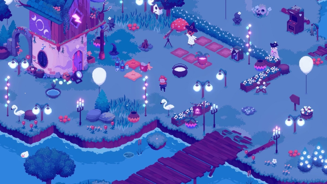 Eine pixelartige Landschaft bei Nacht mit einem bunten Haus, einem Fluss, mehreren Schwänen, Laternen und Blumenbeeten. Eine Person steht in der Mitte.