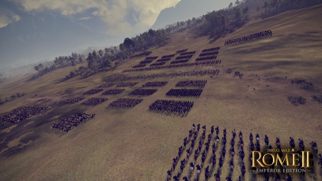 Large army in rectangular formation on open field, cavalry in foreground, forest in background.