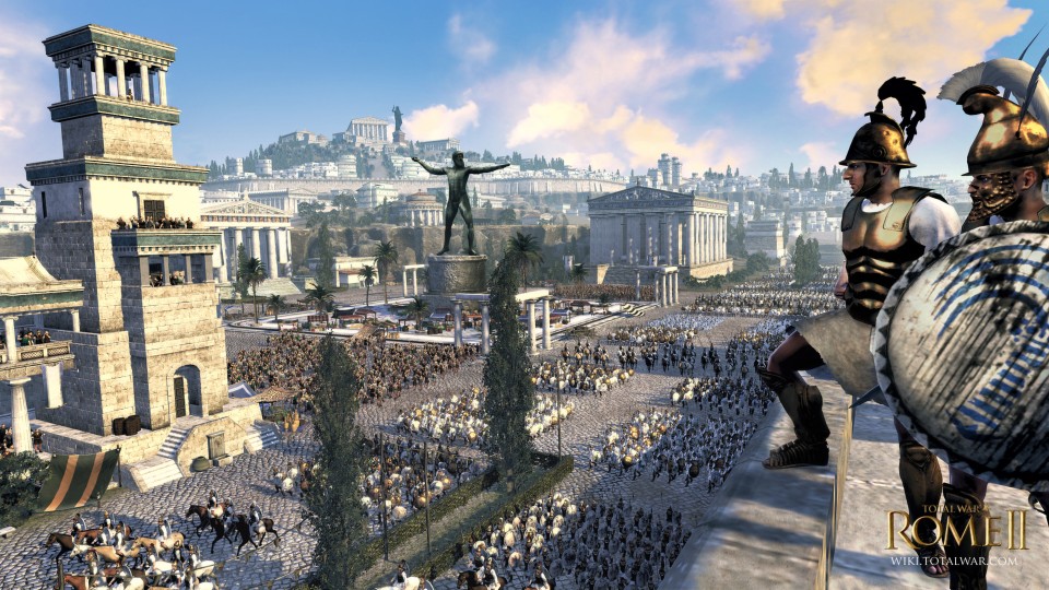 Ancient city with columned buildings and a statue, large assembled army in front, two Roman soldiers with helmets and shields in foreground.