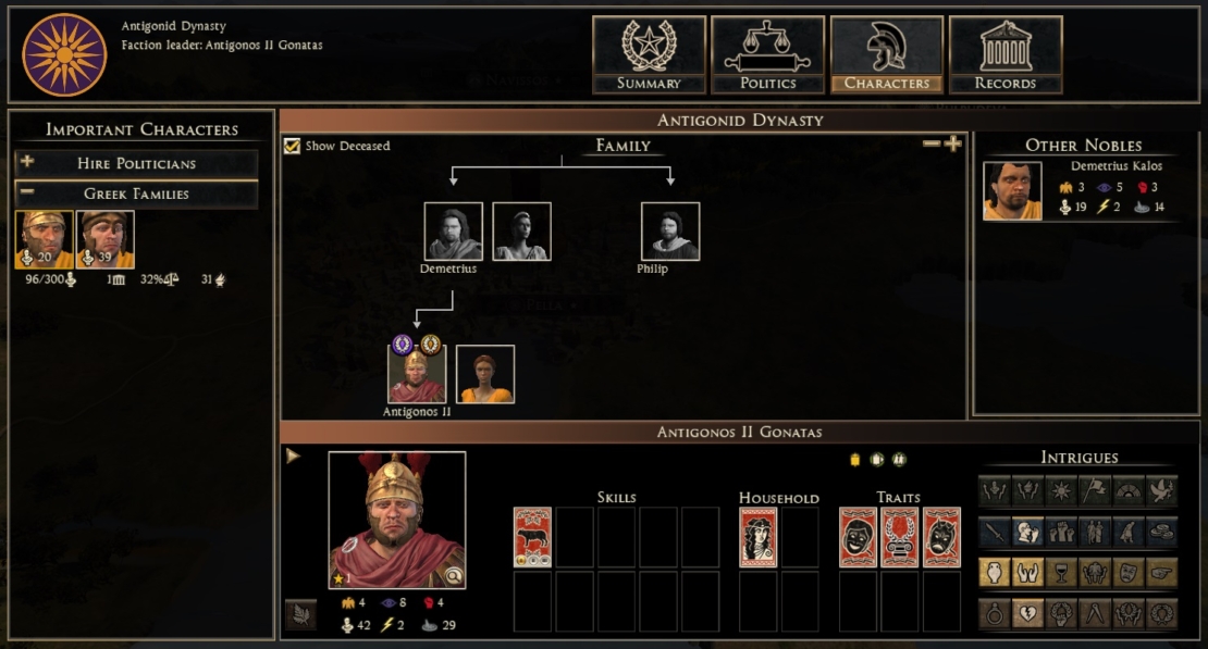 Total War Rome 2 Politics Guide: Family tree with portraits and names of the Antigonid dynasty, including Antigonos II Gonatas with attributes for skills, household, traits, and intrigues.