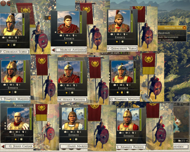 Several Roman generals in armor with red cloaks and shields, accompanied by red standards with golden eagles, set against a mountainous landscape.