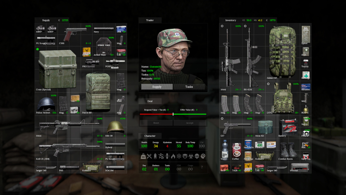 Video game interface showing inventory, equipment items, and a character profile with a blurred face.