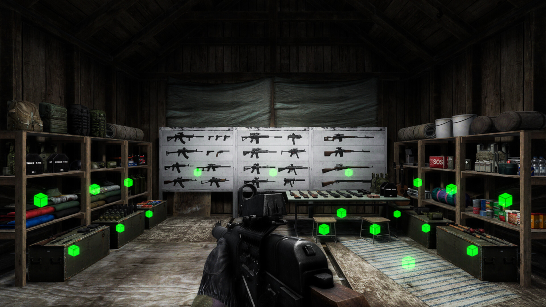 View over a gloved hand holding a rifle inside an armory with shelves and a wall of rifles.