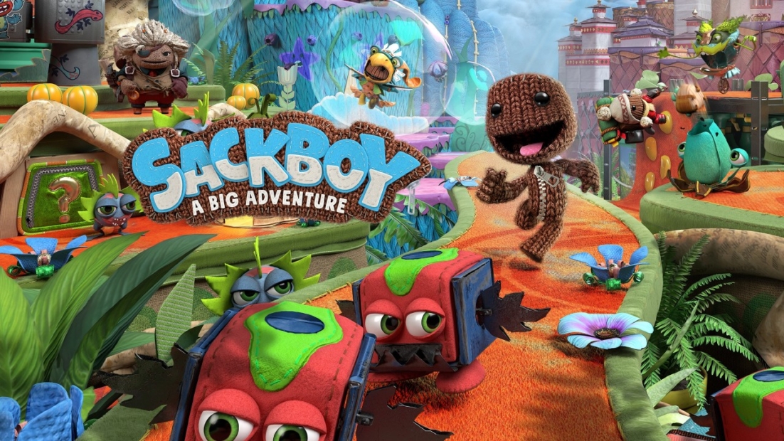 Fabric Sackboy running on an orange path in a colorful fantasy landscape with plants, flowers, and other characters.