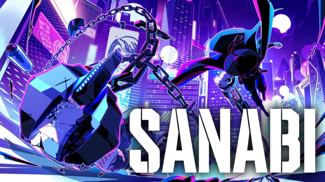 Futuristic cityscape with tall buildings and two characters, one wielding a chain weapon, with the text 'SANABI' in the foreground