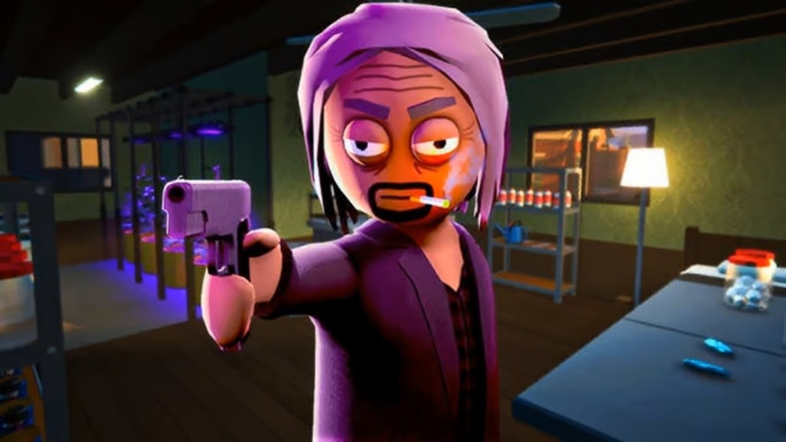 The best simulation games: Schedule 1. Figure in dark clothing holding a pistol with an outstretched arm in a room with shelves and lamps.