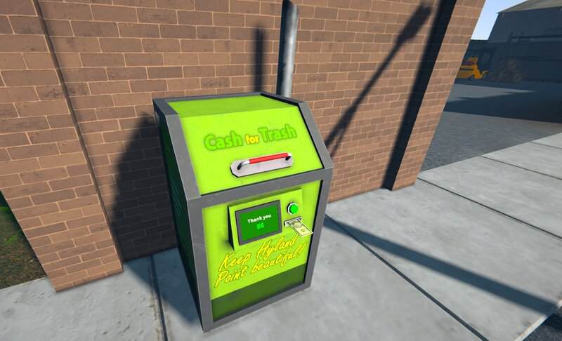 Green 'Cash for Trash' recycling bin with a digital display showing 'Thank you $6' and a slot for inserting trash, located on a sidewalk next to a brick wall