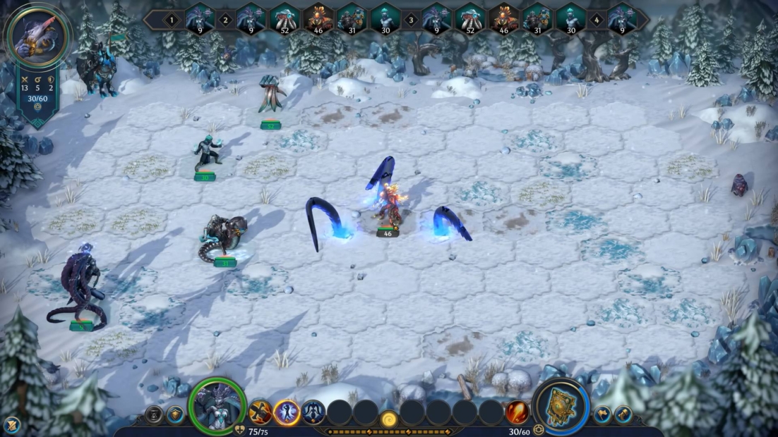 Hexagonal grid battlefield in a snowy forest setting with multiple fantasy characters positioned for battle