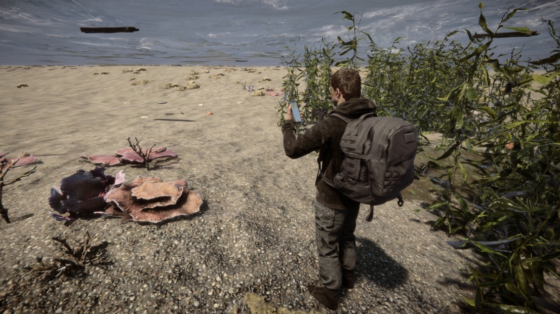 Person with backpack standing on shore holding a device in hand