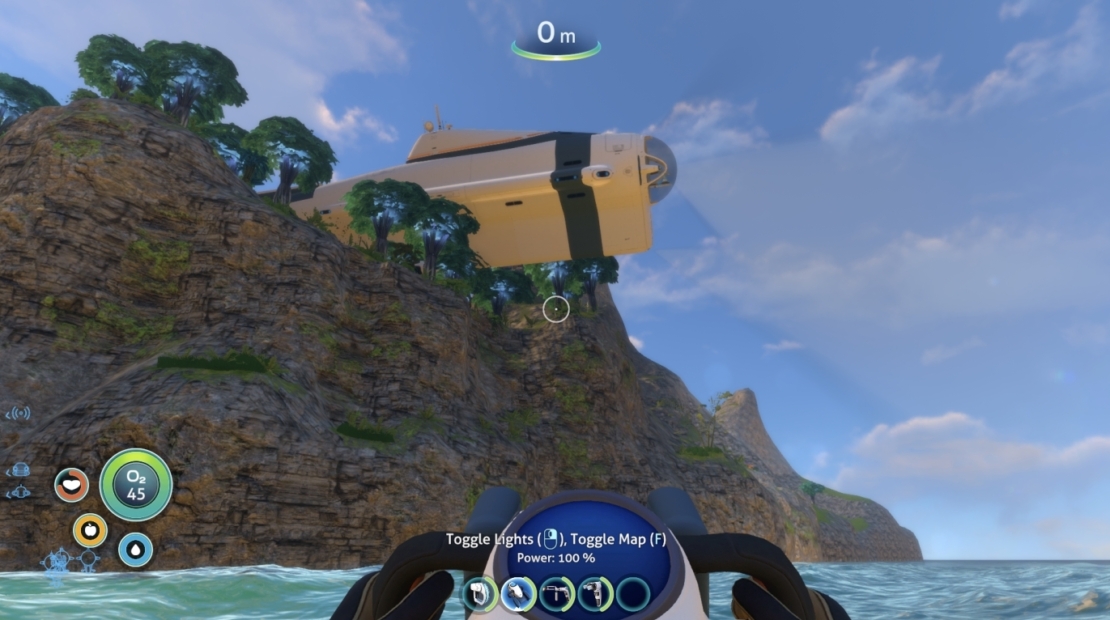 First-person view of an underwater landscape with rocks and trees and a yellow submarine hovering above