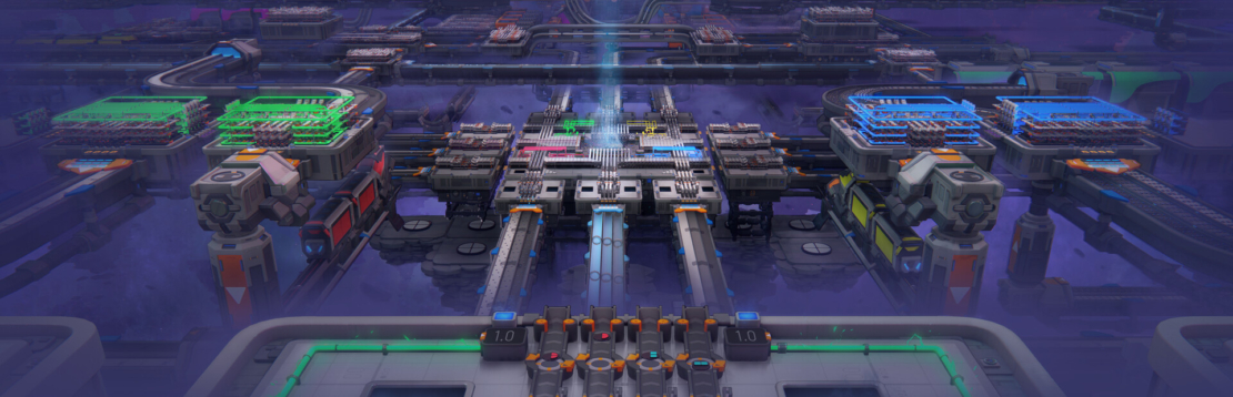 Bird's-eye view of a complex symmetrical factory setup with conveyor belts and color-coded sections in green, blue, and yellow.