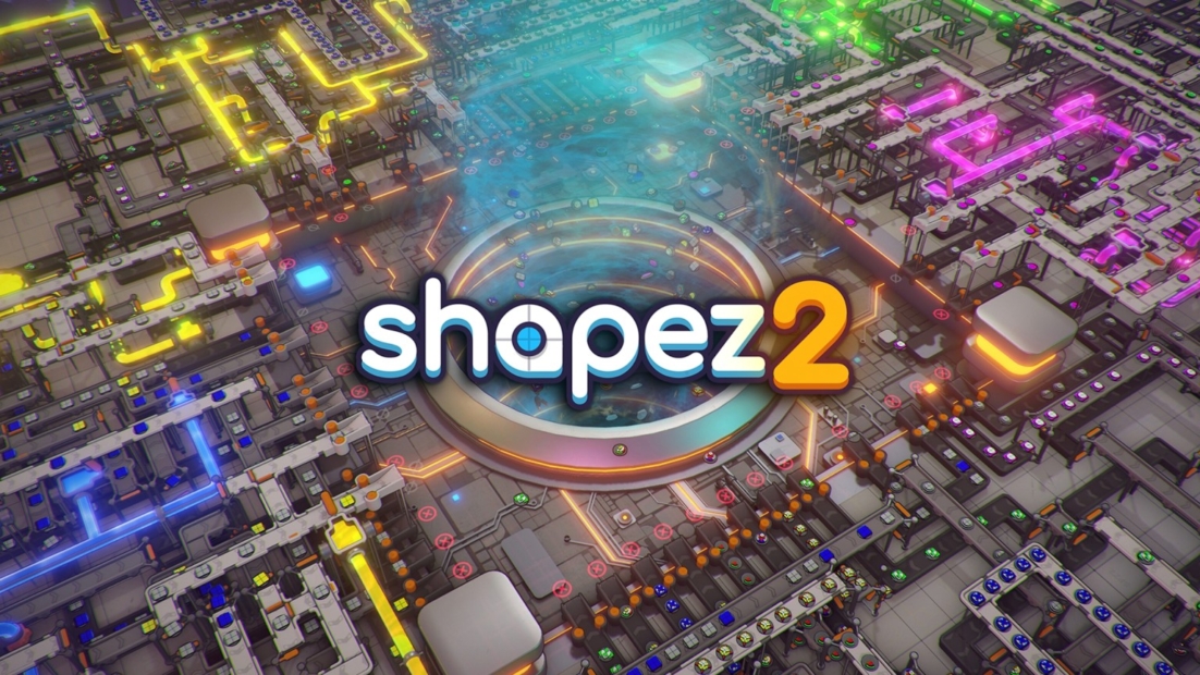 View of a complex futuristic circuit layout with glowing yellow and pink lines and the text 'shapez2' in the center.