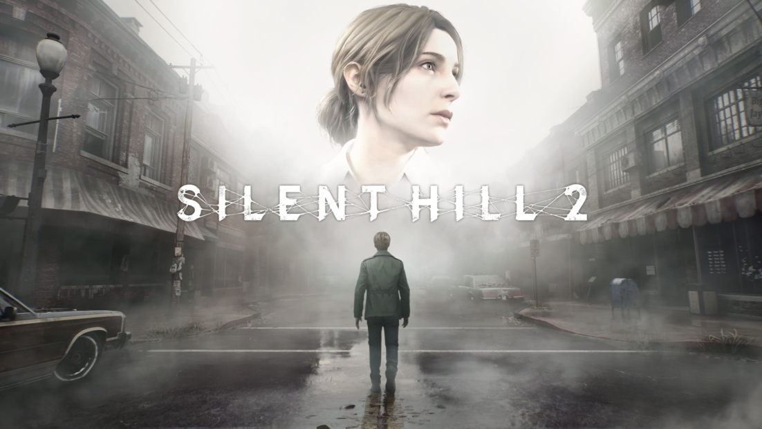 Eine Person steht auf einer nebligen Straße zwischen Gebäuden, darüber der Schriftzug 'SILENT HILL 2'
