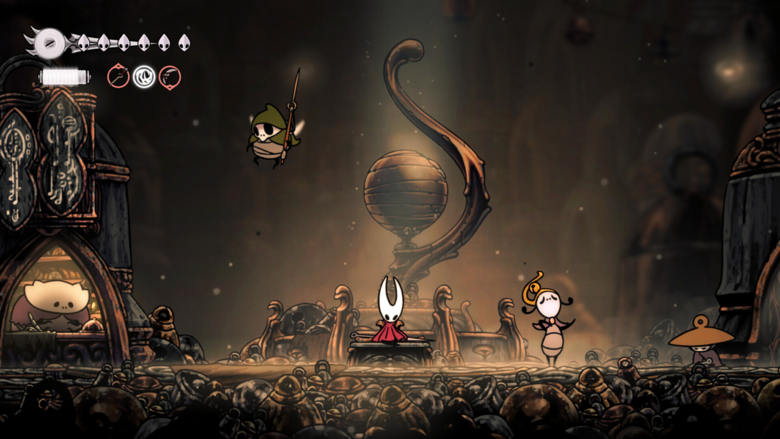 A character in green attire with a spear hovers above another character in white armor seated on a throne. The background features a dark, detailed environment with many small figures.