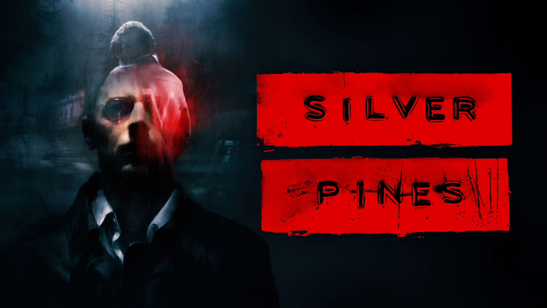 Dunkles Porträt eines Mannes mit Brille vor einem unscharfen Hintergrund neben rotem Schriftfeld mit dem Text 'SILVER PINES'