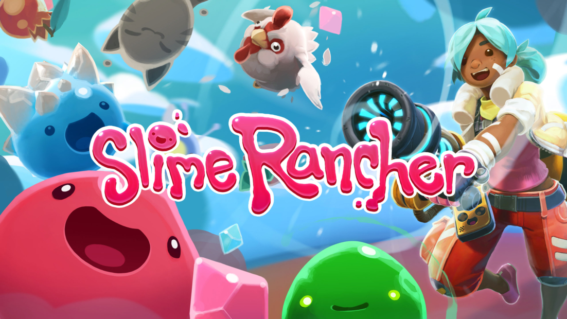Several colorful cartoon slime creatures and a character with a backpack and gun against a light blue background with the playful red text 'Slime Rancher'