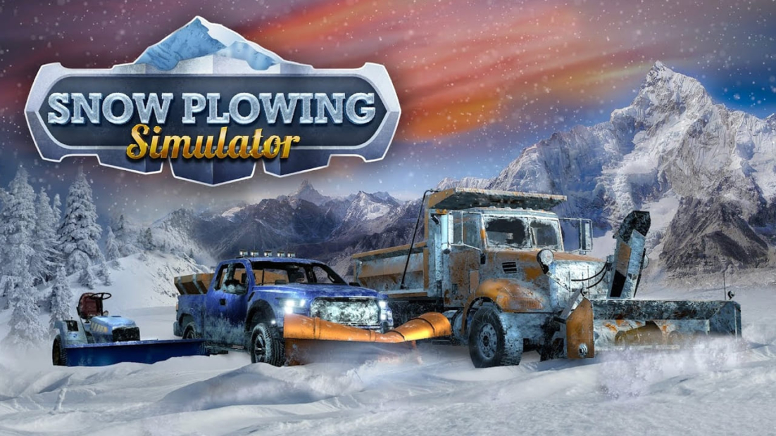 Snow Plowing Simulator game cover showing a blue pickup truck and an orange snowplow truck clearing snow in a snowy mountain landscape under a colorful sky