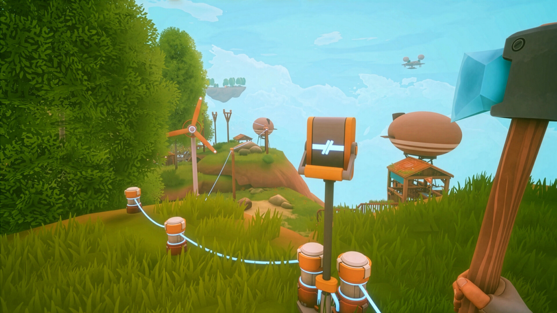 Solarpunk Trainer Features: Landscape with green hills, wind turbines, a zeppelin, a wooden observation tower, and a tool with a blue head in the foreground