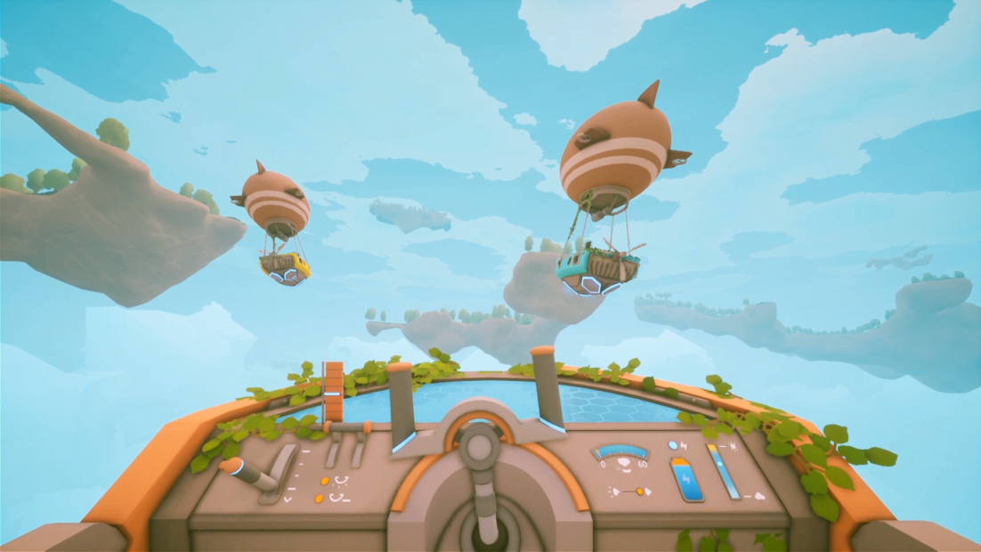 View from an orange cockpit with green plants and several animal-shaped hot air balloons in the sky