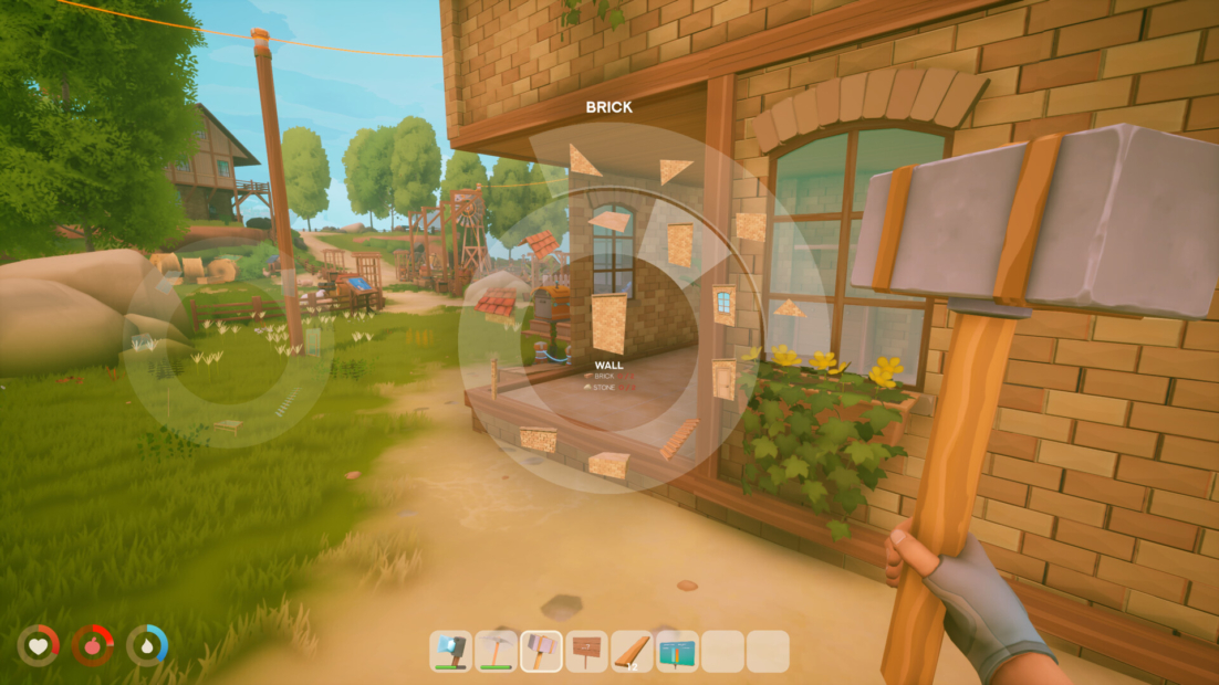 View of a game character holding a hammer facing a brick wall with a building element selection menu visible, with trees, buildings, and grass in the background