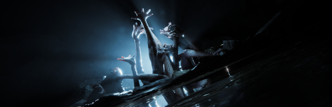 Several human figures with outstretched arms in a dark, misty environment with a light source in the background