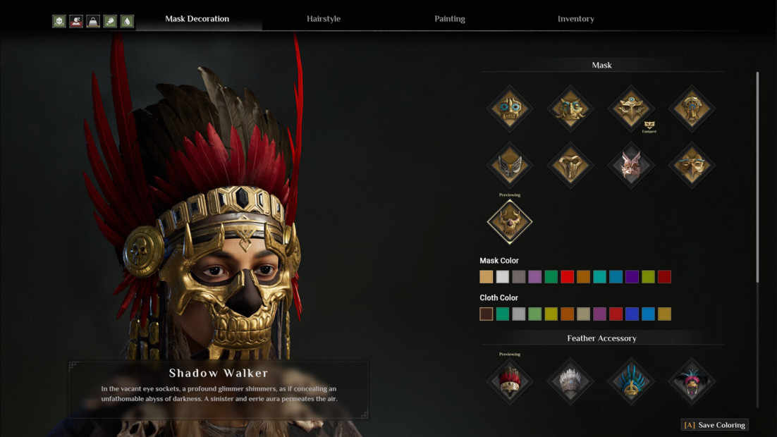 Soulmask Guide: Computerspiel-Menü zur Maskendekoration mit einer Maske namens 'Shadow Walker', die rote Federn und goldene Verzierungen trägt