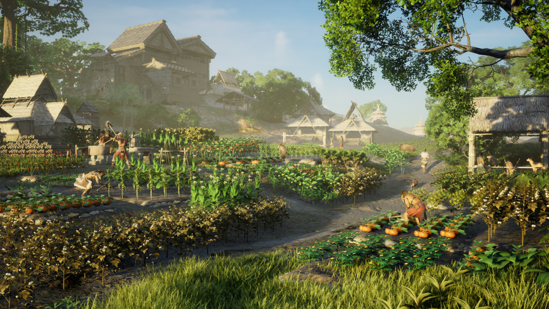 Dorf mit traditionellen Häusern und mehreren Feldern, auf denen Menschen Pflanzen pflegen