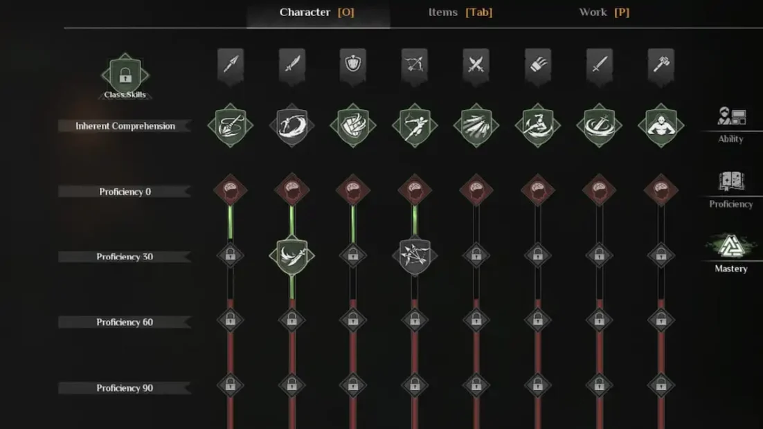 Spielcharakter-Fähigkeitenübersicht mit mehreren Fähigkeitsbäumen und Proficiency-Stufen von 0 bis 90